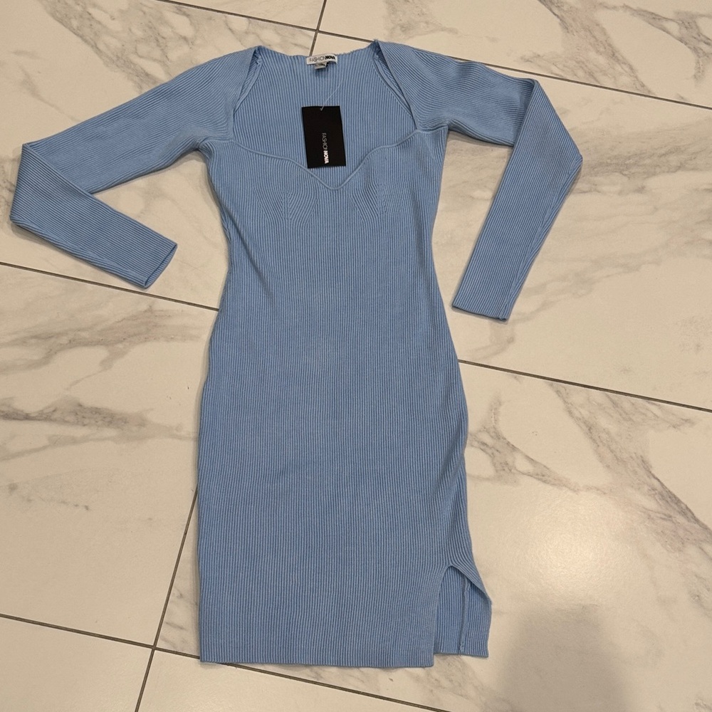Fashion Nova Light Blue Long Sleeve Dress L
